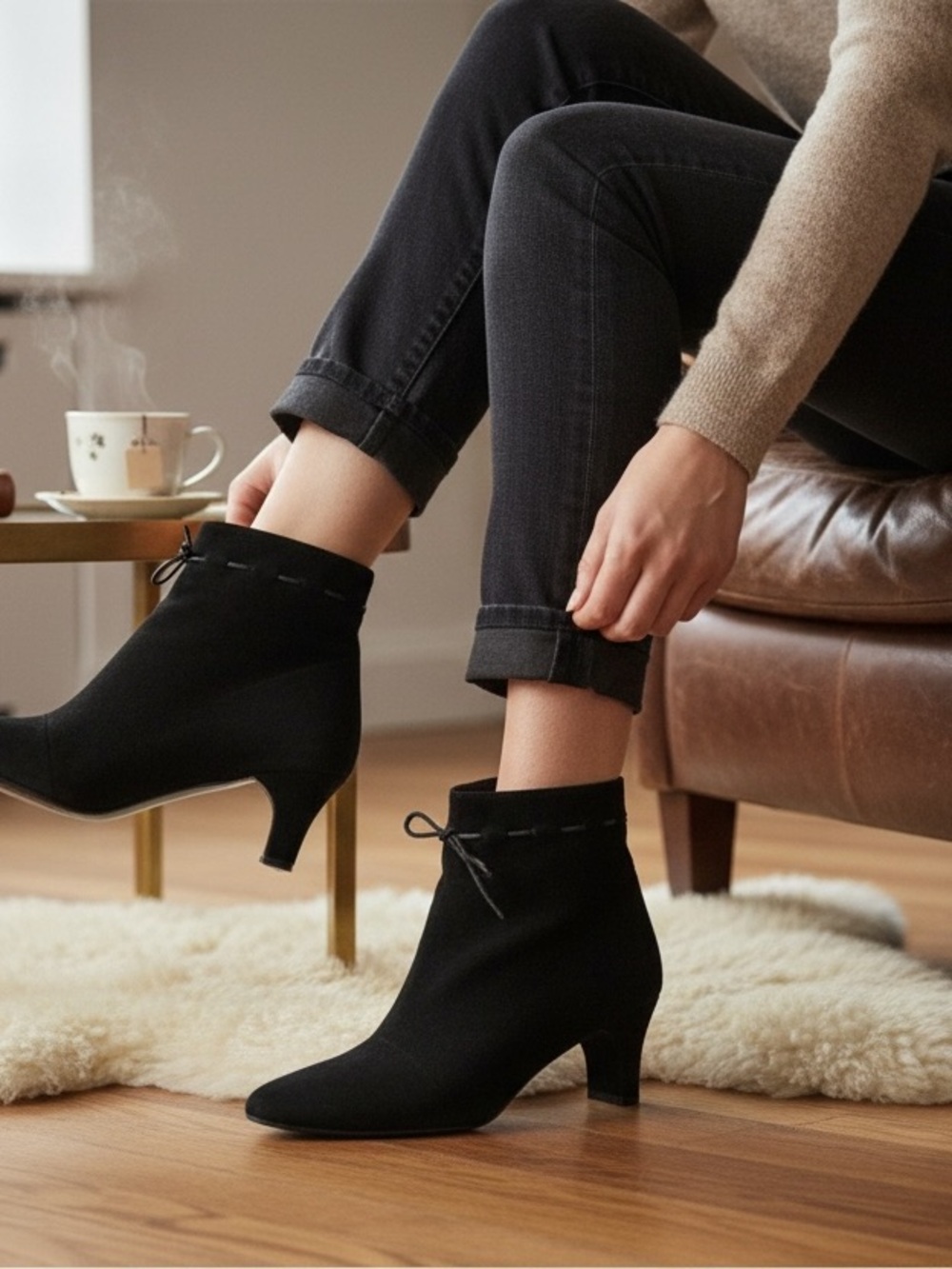 Kid suede Ferragamo black mid-heel booties pre-owned size 8 B Italian-made - Picture 2 of 16